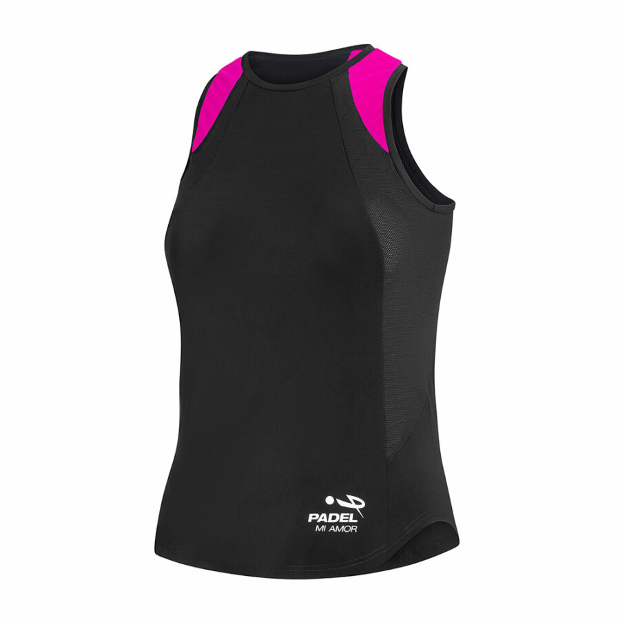 Canotta padel donna nera con inserti fuxia sulle spalle
