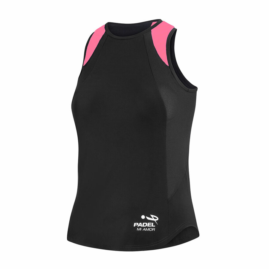Canotta padel donna nera con inserti rosa sulle spalle