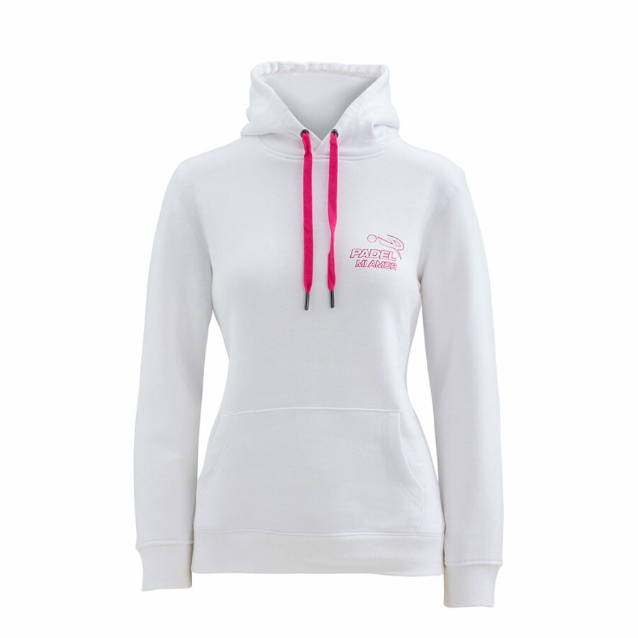 Felpa padel donna bianca con cappuccio e stampa fuxia